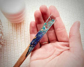Floral Hair Stick: Wood Resin Hair Pin with Blue Flowers
