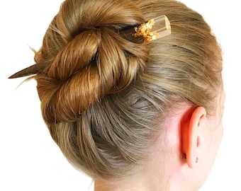 Minimalist hair stick, Wooden hair pin with resin and gold leaf, Wood carving hair clip for women, Hair accessories, bun holder