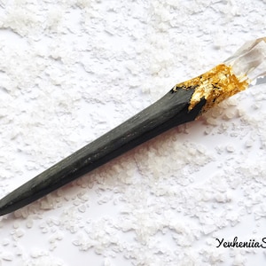 Hair clip | Hair pin | Wooden hair stick with wood, crystal resin and gold leaf | Hair accessories for women | Bun holder for long hair