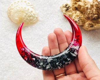 Red Crescent Moon Hair Stick – Resin Bun Holder with Silver Foil – Celestial Hair Fork