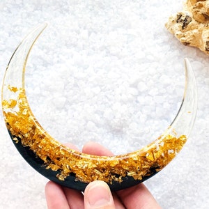 Crescent moon hair stick with black oak wood, resin and gold foil, Celestial hair fork, Magical moon hair barrette, Astronomical bun holder image 6