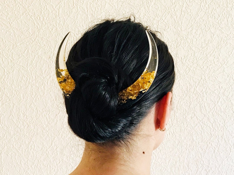 Crescent moon hair stick with black oak wood, resin and gold foil, Celestial hair fork, Magical moon hair barrette, Astronomical bun holder image 1