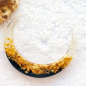 Crescent moon hair stick with black oak wood, resin and gold foil, Celestial hair fork, Magical moon hair barrette, Astronomical bun holder image 3