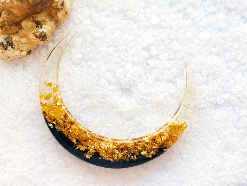 Crescent moon hair stick with black oak wood, resin and gold foil, Celestial hair fork, Magical moon hair barrette, Astronomical bun holder image 3