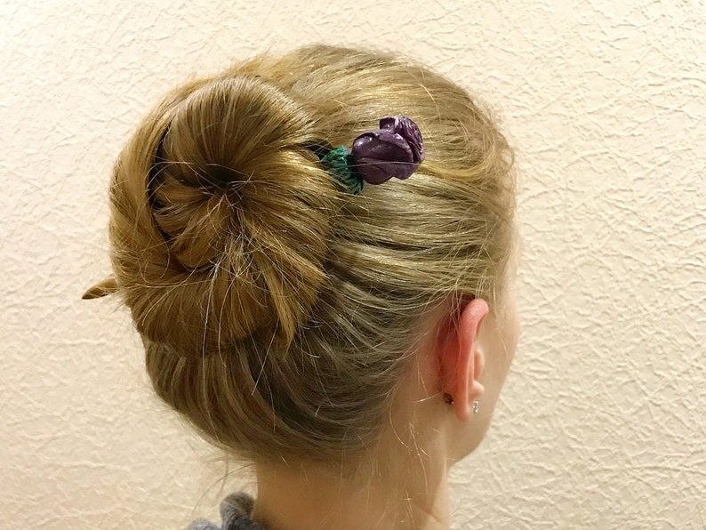 Wooden Hair Stick With Purple Rose Flowers Hair Stick Hairpin | Etsy