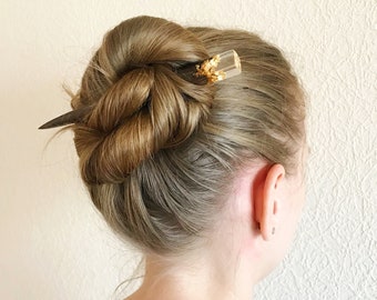 Hair stick, Wooden hair stick with crystal resin and gold leaf, Hair accessories for women, Bun holder, Hair slide, Womens gift