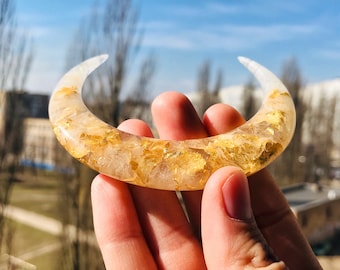 White Crescent Moon Hair Stick with Gold Foil – Elegant Hair Fork, Celestial Bun Holder