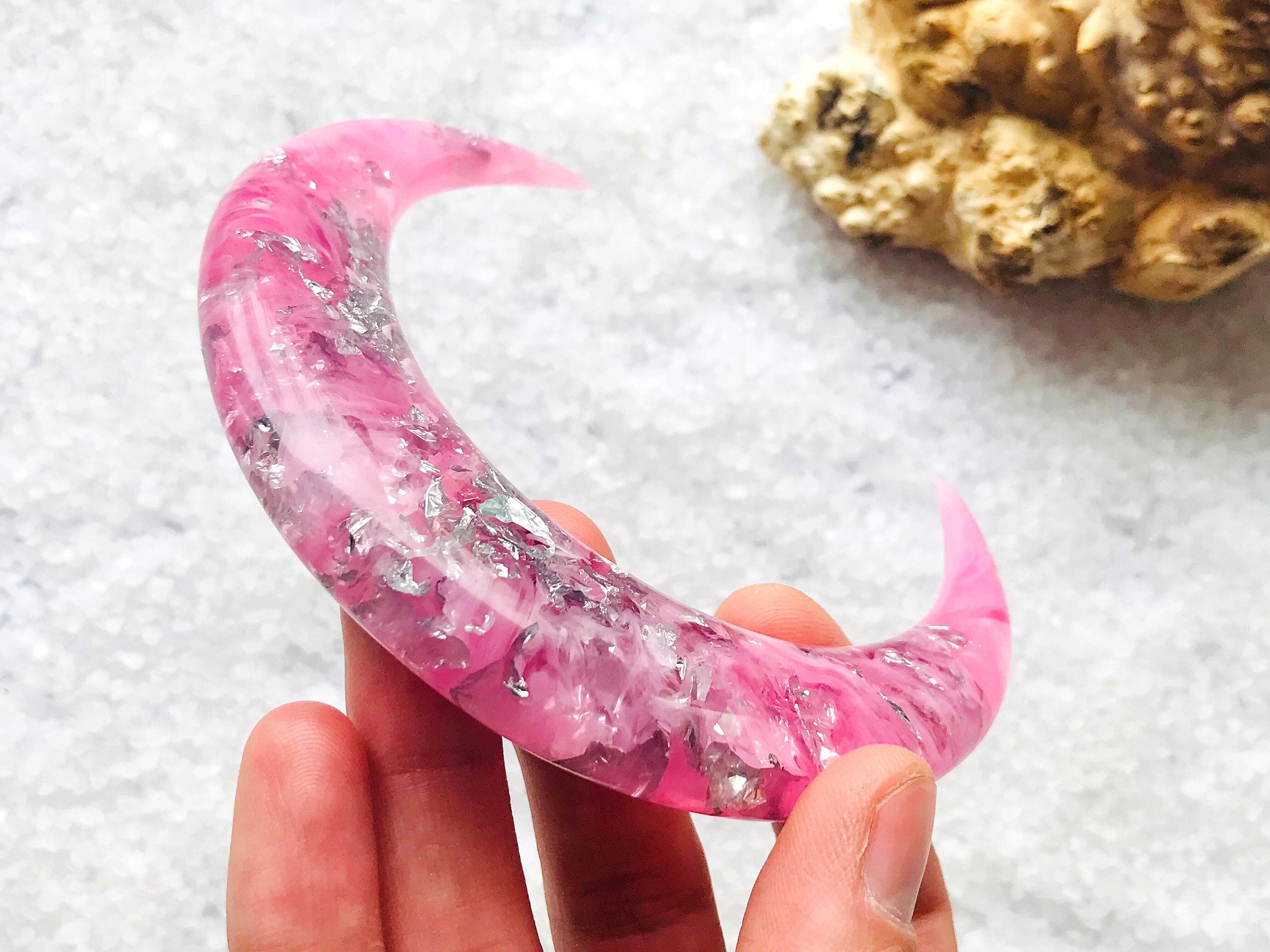Pink Crescent Moon Hair Fork – Silver Foil Resin Hair Stick