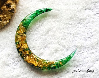 Green Crescent Moon Hair Stick: Gold Foil Resin Hair Fork