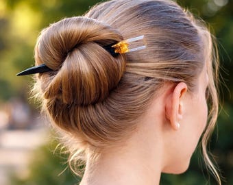 Wooden Hair Stick with Gold Leaf & Black Oak – Elegant Minimalist Hair Fork, Bun Holder