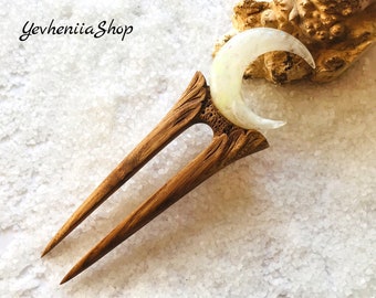Hair fork White moon, Celestial acrylic hair stick, Magic wooden hair fork, Hair comb, Hair barrette, Womens Astronomical hair accessories