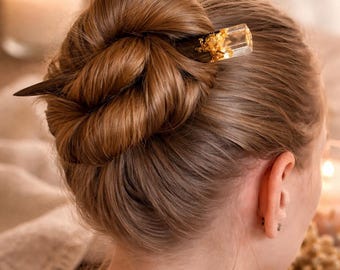 Boho Wooden Hair Stick with Gold Foil Resin - Minimalist Hair Pin, Unique Bun Holder