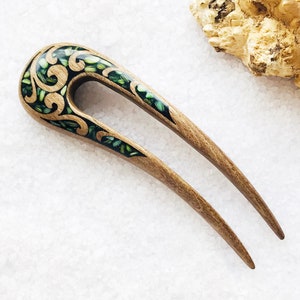 Hair clip | Wooden hair fork with green stones | Hair pin 2 prong | Hair Barrette | Bun holder | Hair Accessories for women | Hair Sticks