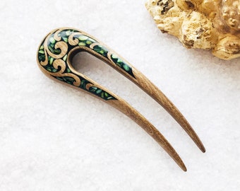 Barrette à cheveux | Fourche à cheveux en bois avec pierres vertes | Épingle à cheveux 2 dents | Barrette à cheveux | Porte-petits pains | Accessoires cheveux pour femmes | Bâtonnets de cheveux