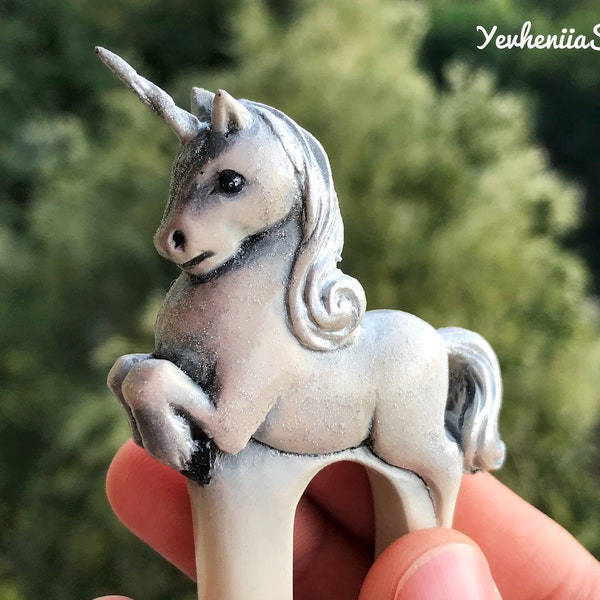 Wooden hair fork with small white unicorn • Bun holder • Carved hair stick • Hair accessories • Gift for women, wife, mom • Wood carving