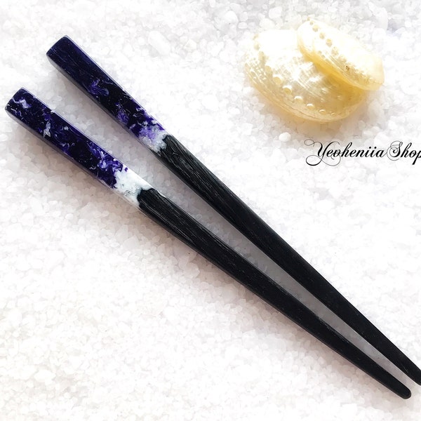 Hair stick with black oak wood, purple resin and silver foil, Black oak stick, Gothic hair stick, Hair accessories, Wooden Hair chopsticks
