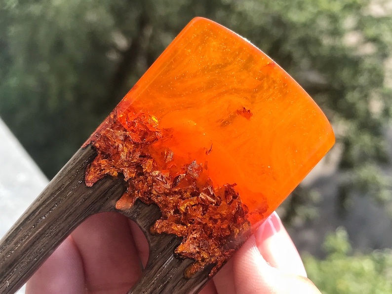 Wooden hair fork for women Hair Jewelry 2 prongs Hair stick orange resin topper and foil Hair fork with oak Bun holder Gift for women