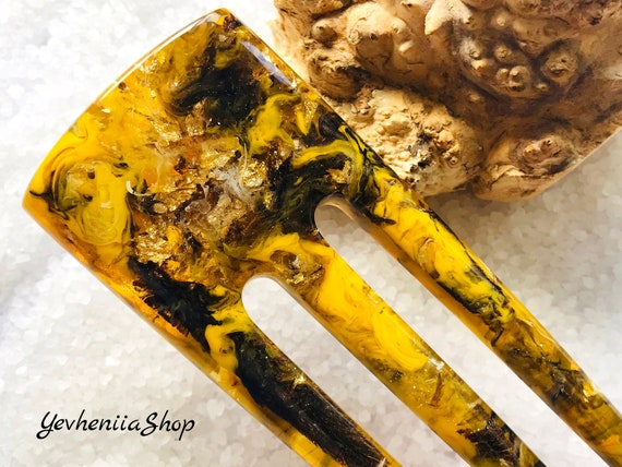 Black Yellow Resin Hair Fork With 3 Prong Hair Chopsticks Etsy