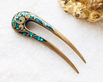 Wooden hair fork with blue stones | Hair pin 2 prong | Blue Hair Barrette | Bun holder | Hair Accessories for women | Hair Sticks