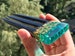 Hair fork | Aqua blue wooden hair fork with gold leaf | 3 prongs | Hair Barrette | Bun holder | Hair Accessories for women | Hair Sticks 