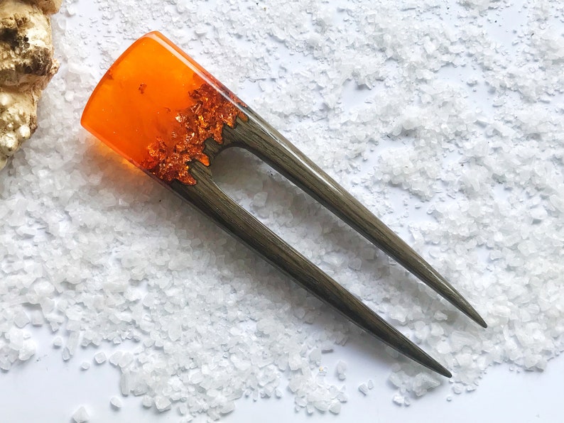 Wooden hair fork for women Hair Jewelry 2 prongs Hair stick orange resin topper and foil Hair fork with oak Bun holder Gift for women