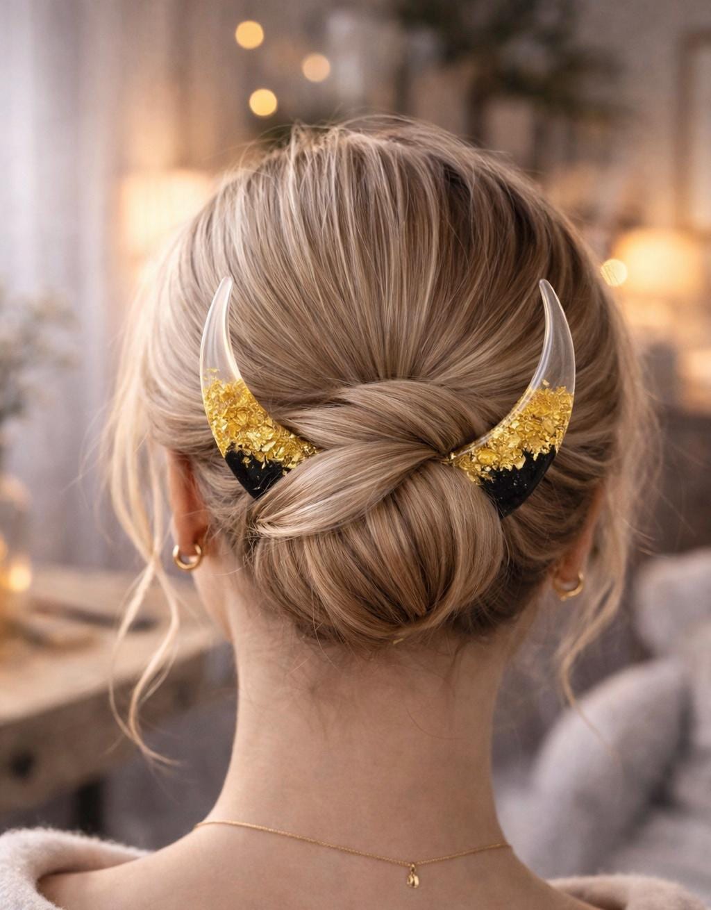 Crescent Moon Hair Stick - Gold Foil and Resin, Wooden Hair Fork