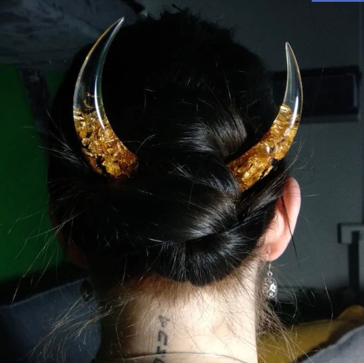 Crescent Hair Stick With Black Oak & Gold Foil – Bun Holder, Boho