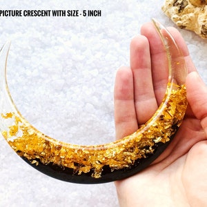 Crescent moon hair stick with black oak wood, resin and gold foil, Celestial hair fork, Magical moon hair barrette, Astronomical bun holder image 7
