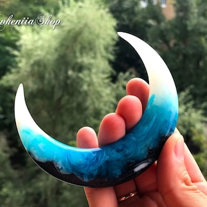 Hair stick, Crescent hair stick with white and blue resin, Black oak wood hair stick, Hair fork Moon, Hair barrette, Half Moon bun holder