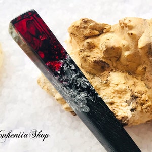 Hair stick with black oak wood, dark red resin and silver foil, Black oak stick, Gothic hair stick, Hair accessories, Wooden Hair chopsticks