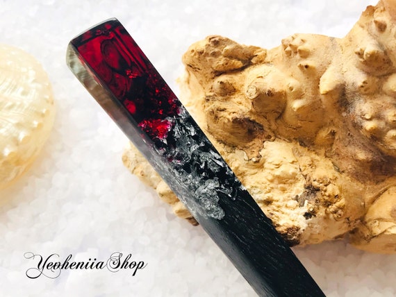 Black Oak Hair Stick: Red Resin & Silver Foil, Gothic Hair Chopsticks