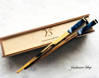 Hair stick, Wooden hair stick with blue resin. Bun holder for women, Hair Accessories for thick hair, Hair Picks, Hair Pin