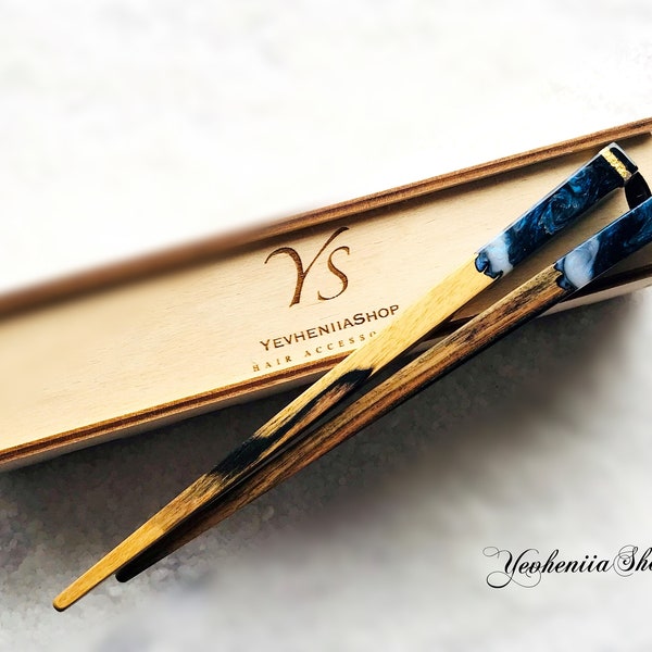 Hair stick, Wooden hair stick with blue resin. Bun holder for women, Hair Accessories for thick hair, Hair Picks, Hair Pin