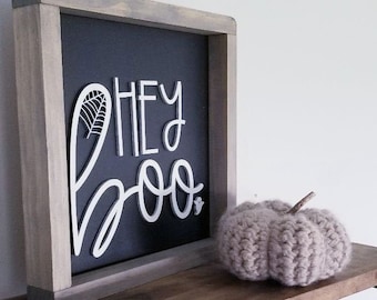 hey boo 3D Halloween fall sign, fall shelf decor, black spooky wood sign, modern farmhouse wall decor, hey boo framed wood sign, ghost decor