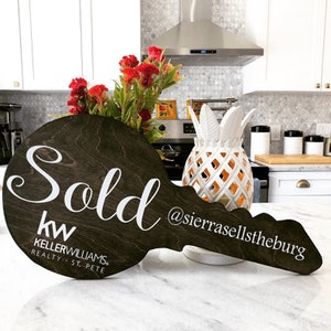 key shape sold sign with hashtag or name, personalized real estate agent sign, custom real estate sold sign, real estate marketing sign