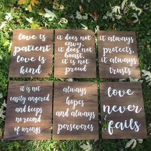 Set of 6 Corinthians 13 Signs | Wedding Aisle Signs | Love is patient | Love is kind |  Love never fails | Wedding | Rustic Wedding | wood