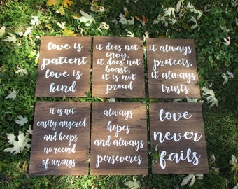 Set of 6 Corinthians 13 Signs | Wedding Aisle Signs | Love is patient | Love is kind |  Love never fails | Wedding | Rustic Wedding | wood