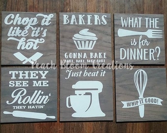 kitchen signs set of 6, 6X6, song, funny, chop it like it's hot, bakers gonna bake, they see me rollin, just beat, best selling items wood