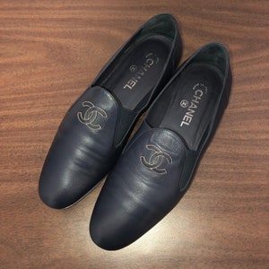 CHANEL Navy Blue Interlocking CC Logo Leather Loafers Shoes Flats