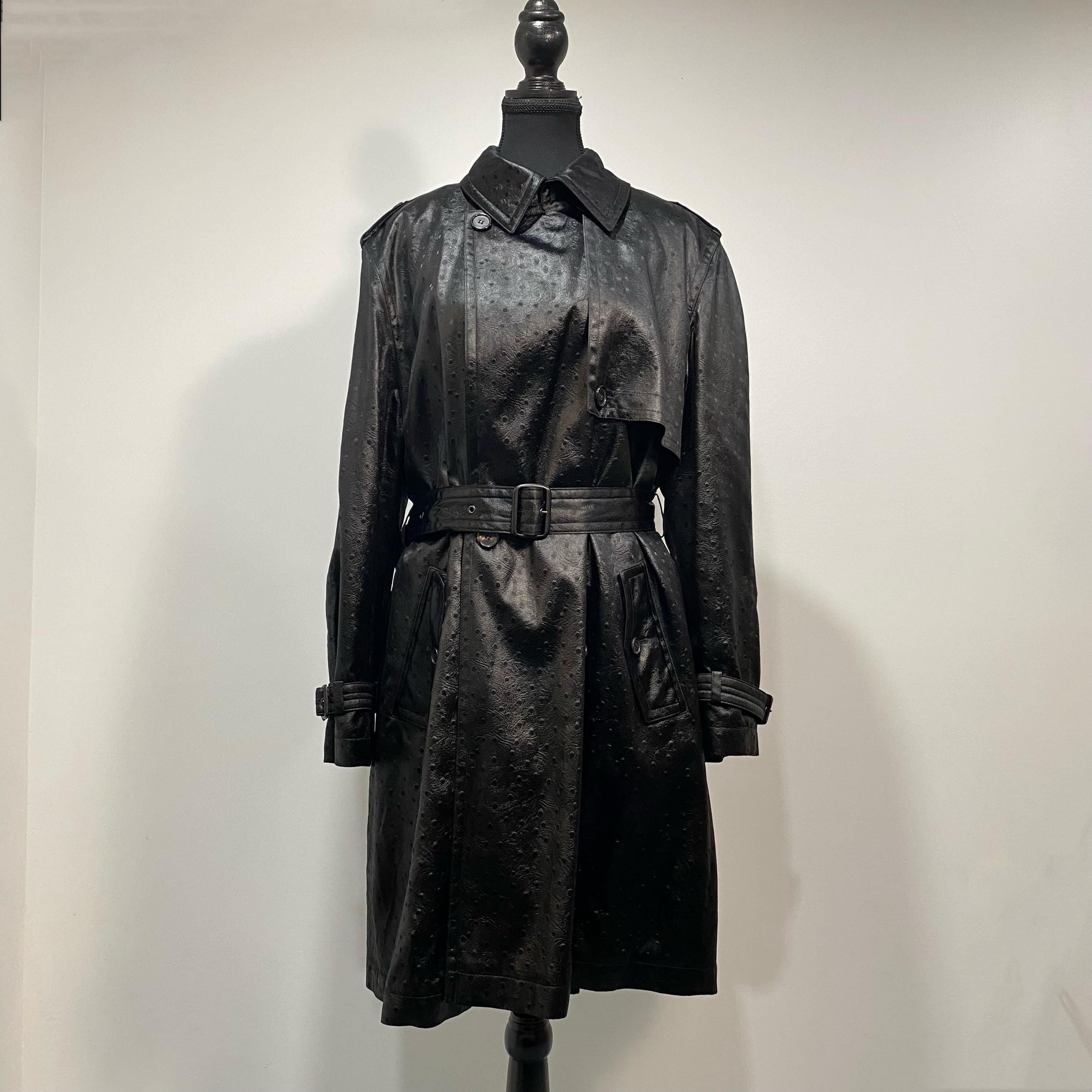 Rare Escada Black Faux Ostrich Print Trench Coat from the 90s size 40-L-XL in excellent condition