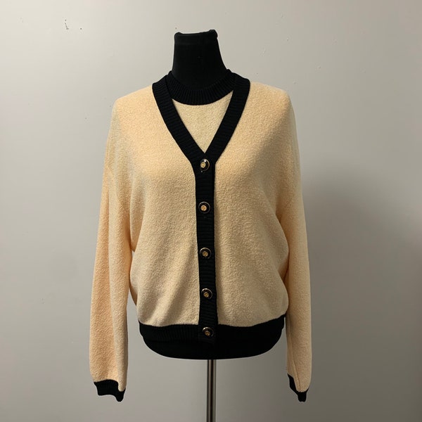 Coco Style St.John Collection Beige and Black Santana Knit Cardigan sweater set size medium in Good Condition 700+ Plus new