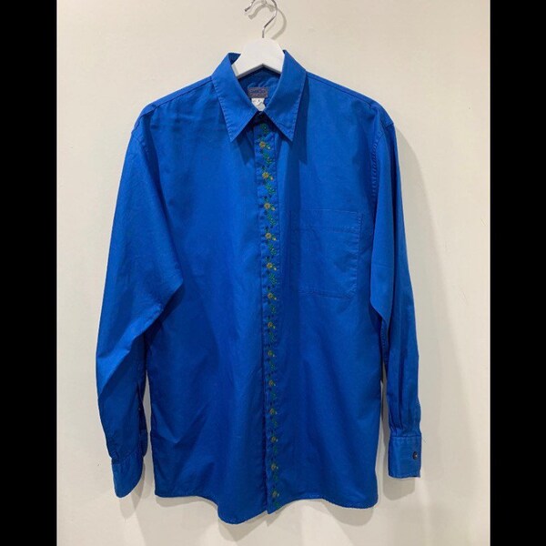 Vintage Kenzo Mens Blue Shirt with Embroidered Flower Detailing Trim Size Small