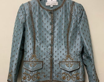 Oscar de la Renta solid blue demi couture embroidered ornate silk jacket size 14 in good vintage condition