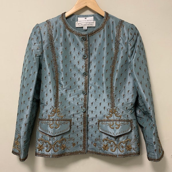 Oscar de la Renta solid blue demi couture embroidered ornate silk jacket size 14 in good vintage condition