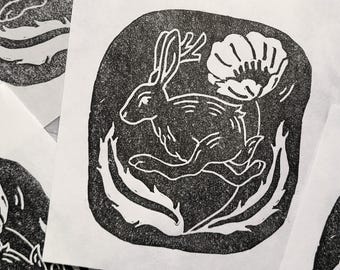 Jackalope Linoleum Block Print - Small Fine Art Print
