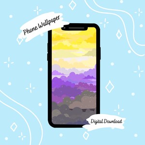 Op de afbeelding: Een telefoonachtergrond met een label voor digitaal downloaden. De achtergrond heeft een zonsonderganghemel met gele, witte, paarse en grijze wolken.