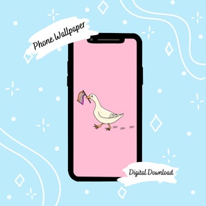 Puede incluir: Una pantalla de teléfono rosa muestra un dibujo de un ganso sosteniendo una bandera del orgullo lésbico. El teléfono es negro, sobre un fondo azul claro con detalles blancos. El texto dice "Phone Wallpaper" y "Digital Download."