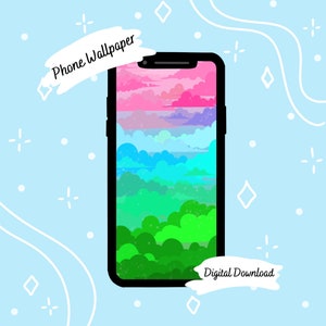 May include: A digital phone wallpaper with a colorful gradient of pink, purple, blue, green, and yellow clouds over a green landscape. The text "Phone Wallpaper" and "Digital Download" are visible on the image.