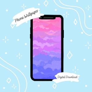 Puede incluir: Un fondo de pantalla digital para teléfono con un degradado de nubes rosas, moradas y azules. El texto "Phone Wallpaper" y "Digital Download" está incluido en la imagen.
