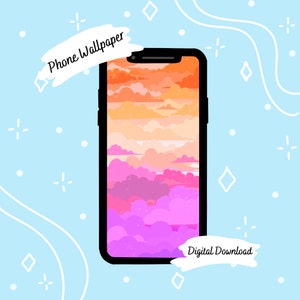 Puede incluir: Un fondo de pantalla para teléfono con una ilustración digital de un cielo de puesta de sol con nubes rosas, naranjas y amarillas. El texto "Phone Wallpaper" y "Digital Download" está incluido en la imagen.